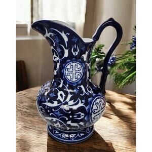 Vtg- Large Bombay Company Blue & White Floral Ceramic Pitcher Vase 12 Inch